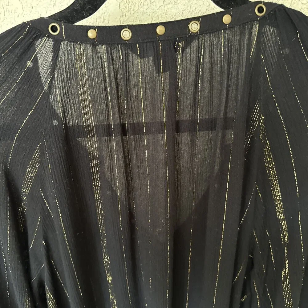 Metallic Striped Top  Night Blouse Black Gold Long Sleeve V-neck Women’s Size L - Picture 12 of 14